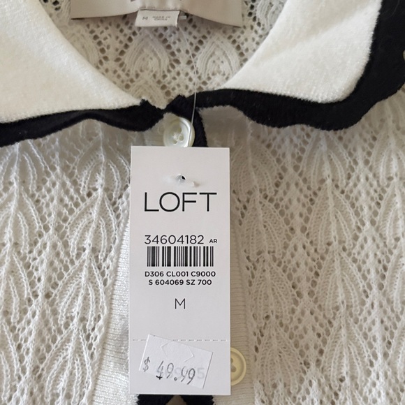 LOFT White Knit Cardigan with Black Scalloped Trim - Picture 2 of 4
